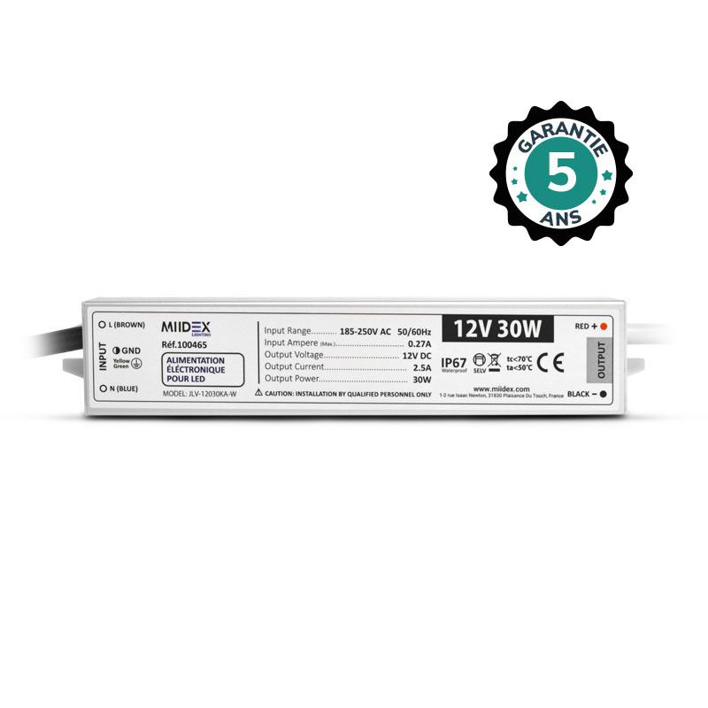 MIIDEX Alimentation pour LED 30W - 12V DC - IP67
