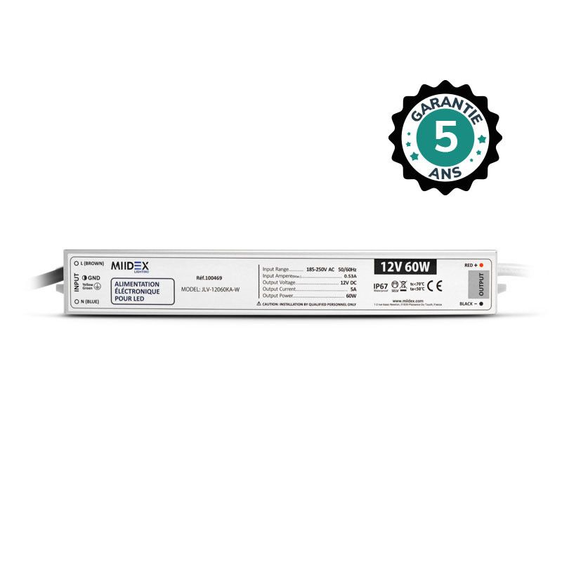 MIIDEX Alimentation pour LED 60W - 12V DC - IP67