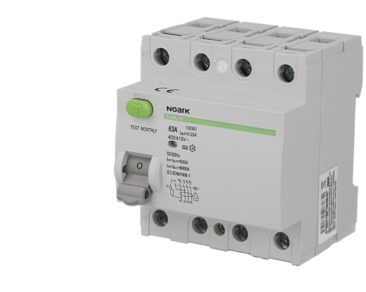Interrupteur Différentiel 63A / 30mA / type AC / Tétrapolaire Noark Ex9L-N