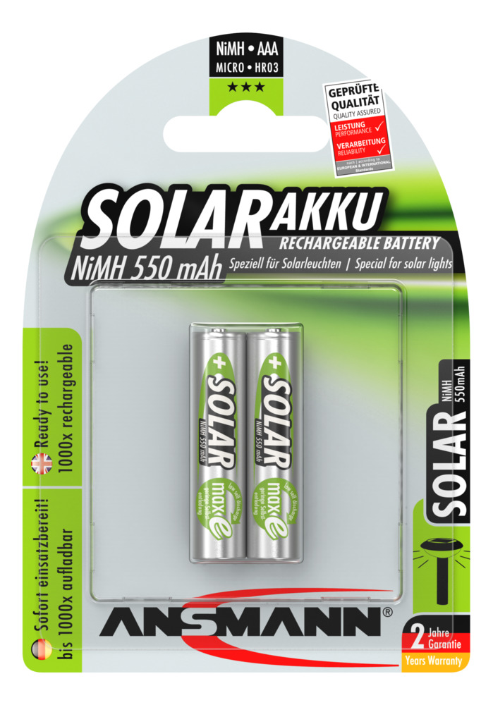 Blister de 2 accus AAA - 550mAh - Spécial solaire