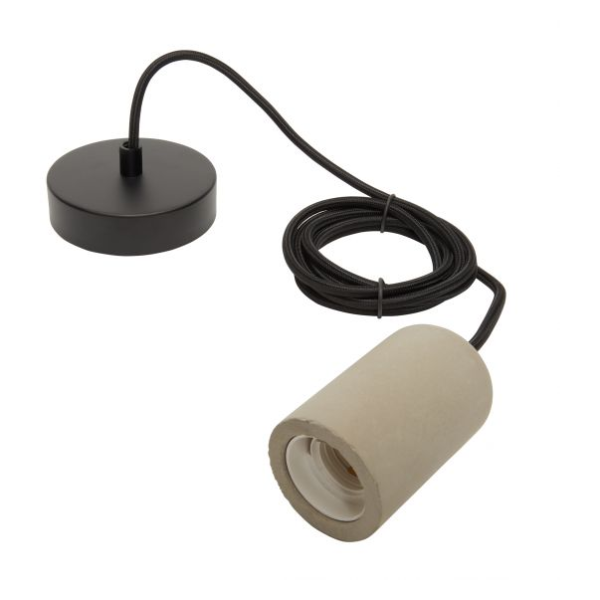 GIRARD SUDRON SUSPENSION E27 BÉTON GRIS + CÂBLE 2 MÈTRES TEXTILE NOIR + PAVILLON