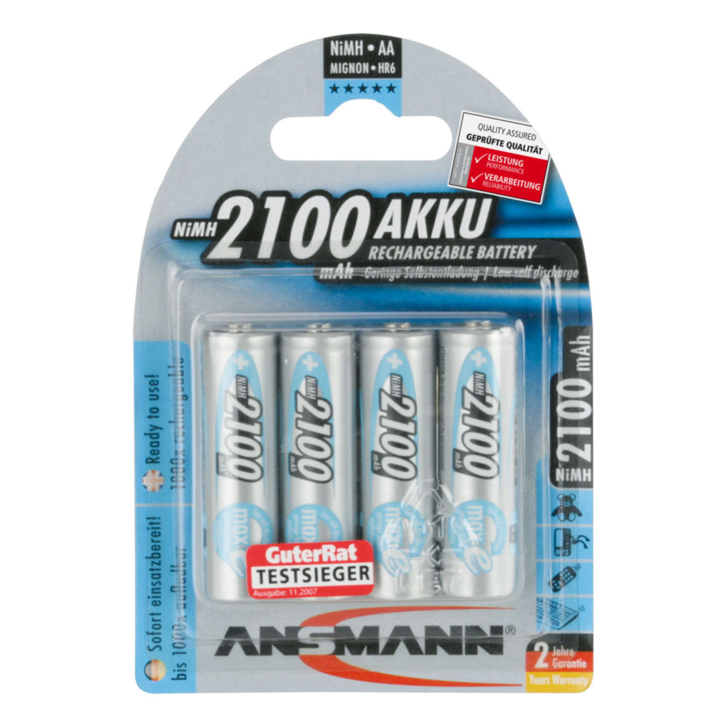 ANSMANN Batterie rechargeable NiMH (1.2V) HR6 AA, capacité 2100mAh, décharge lente, blister de 4