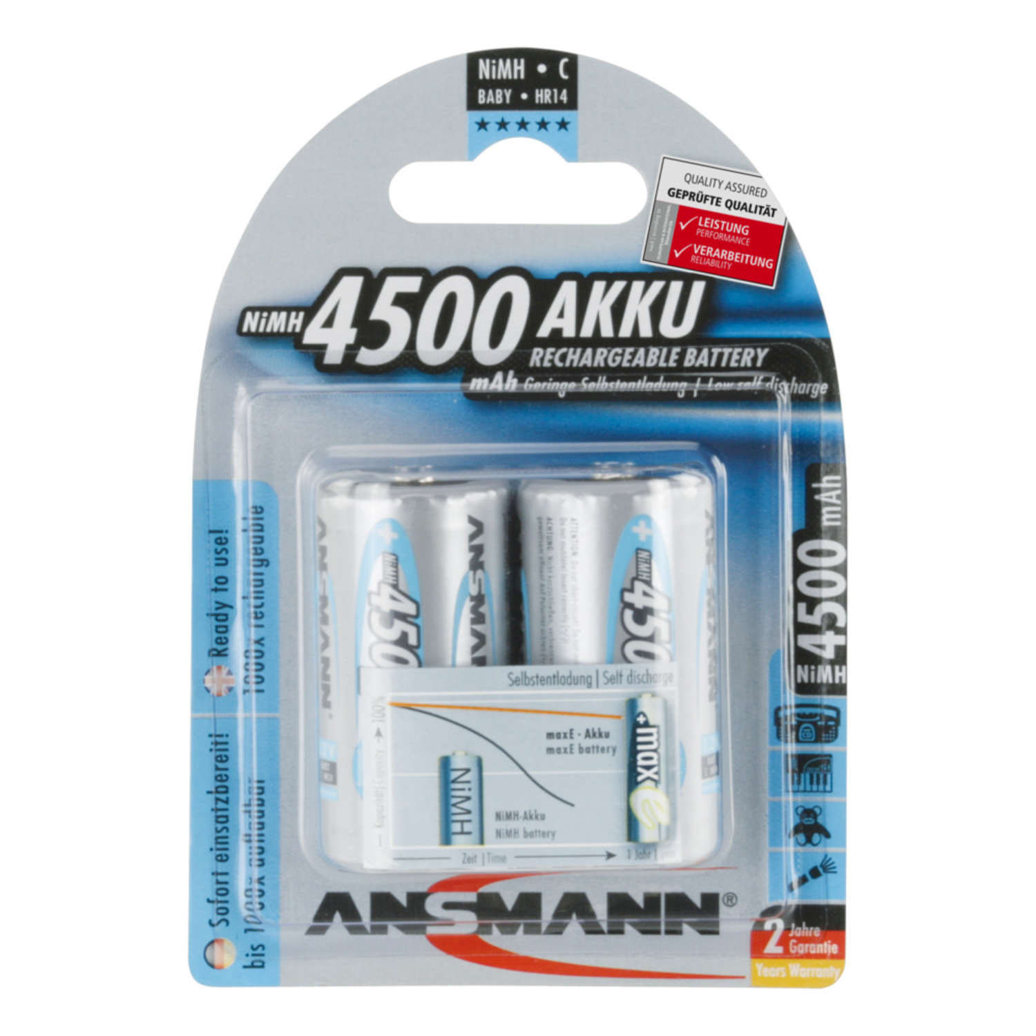 ANSMANN Batterie rechargeable NiMH (1.2V) HR14 C, capacité 4500mAh, Décharge lente, blister de 2