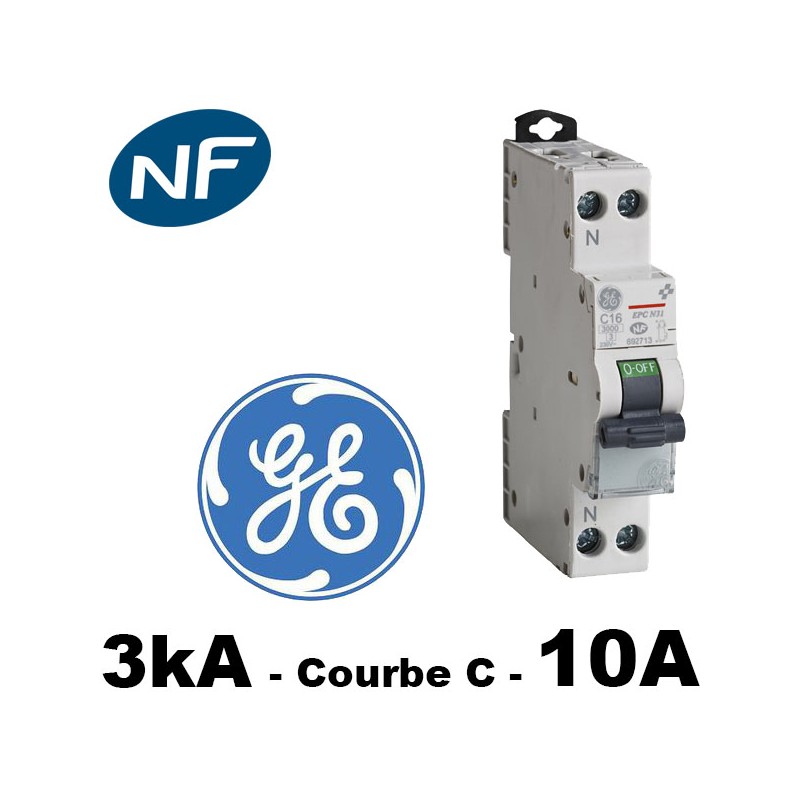 Disjoncteur GE 3kA modèle unibis phase neutre Courbe C 10A