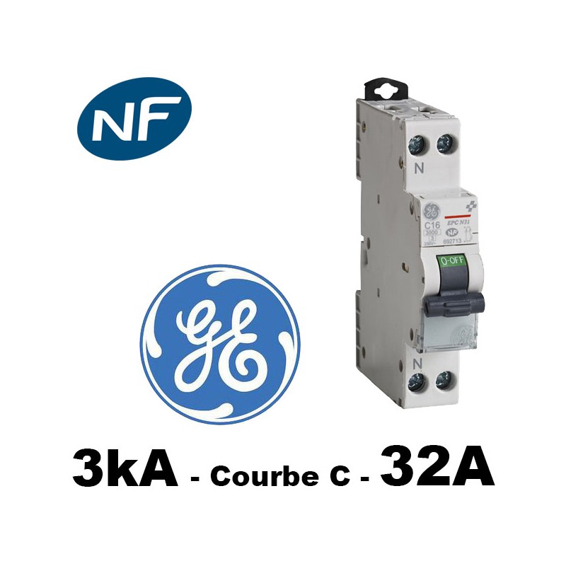 Disjoncteur GE 3kA modèle unibis phase neutre Courbe  C 32A