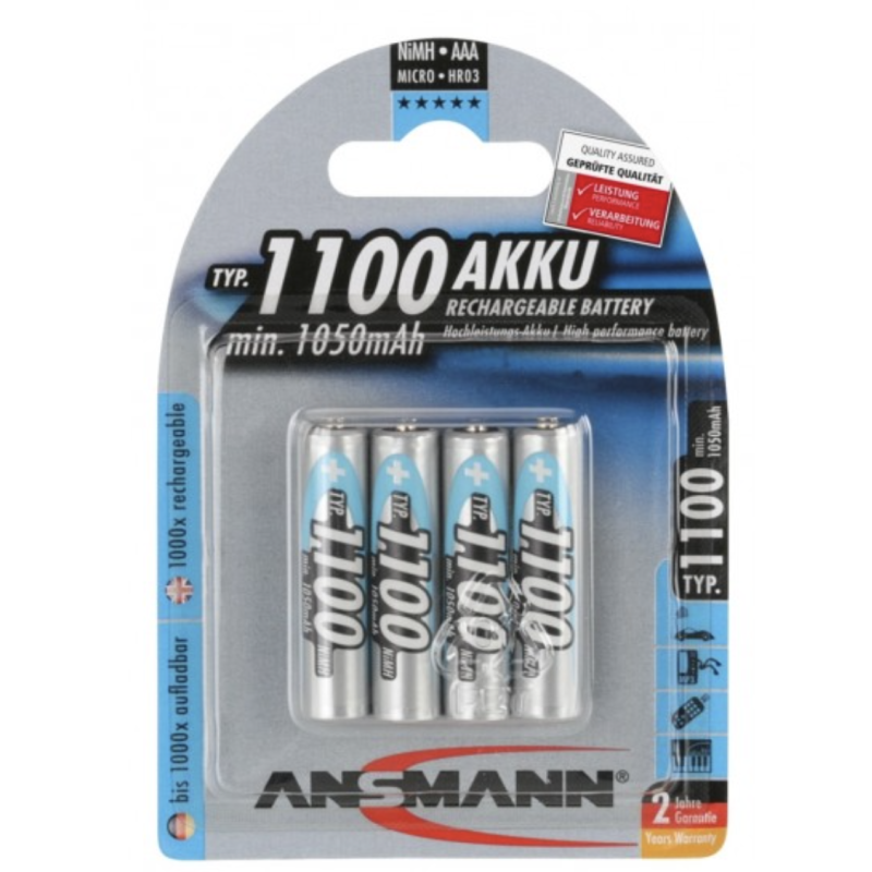 ANSMANN Batterie rechargeable, Ni-MH, AAA, 1.2V, 1.1Ah, Lot de 4 pièces