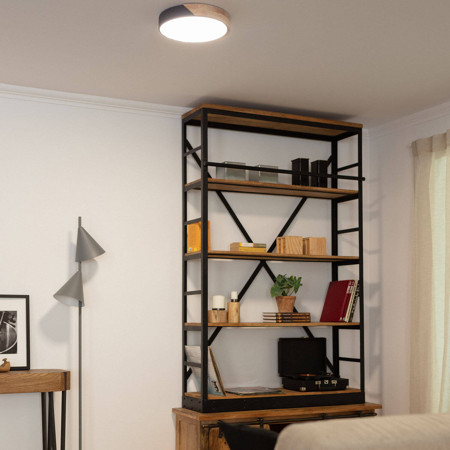 Plafonnier LED Rond Bois CCT Sélectionnable Semi-Dari 18W ILUZZIA Couleur Noire R2187-W38