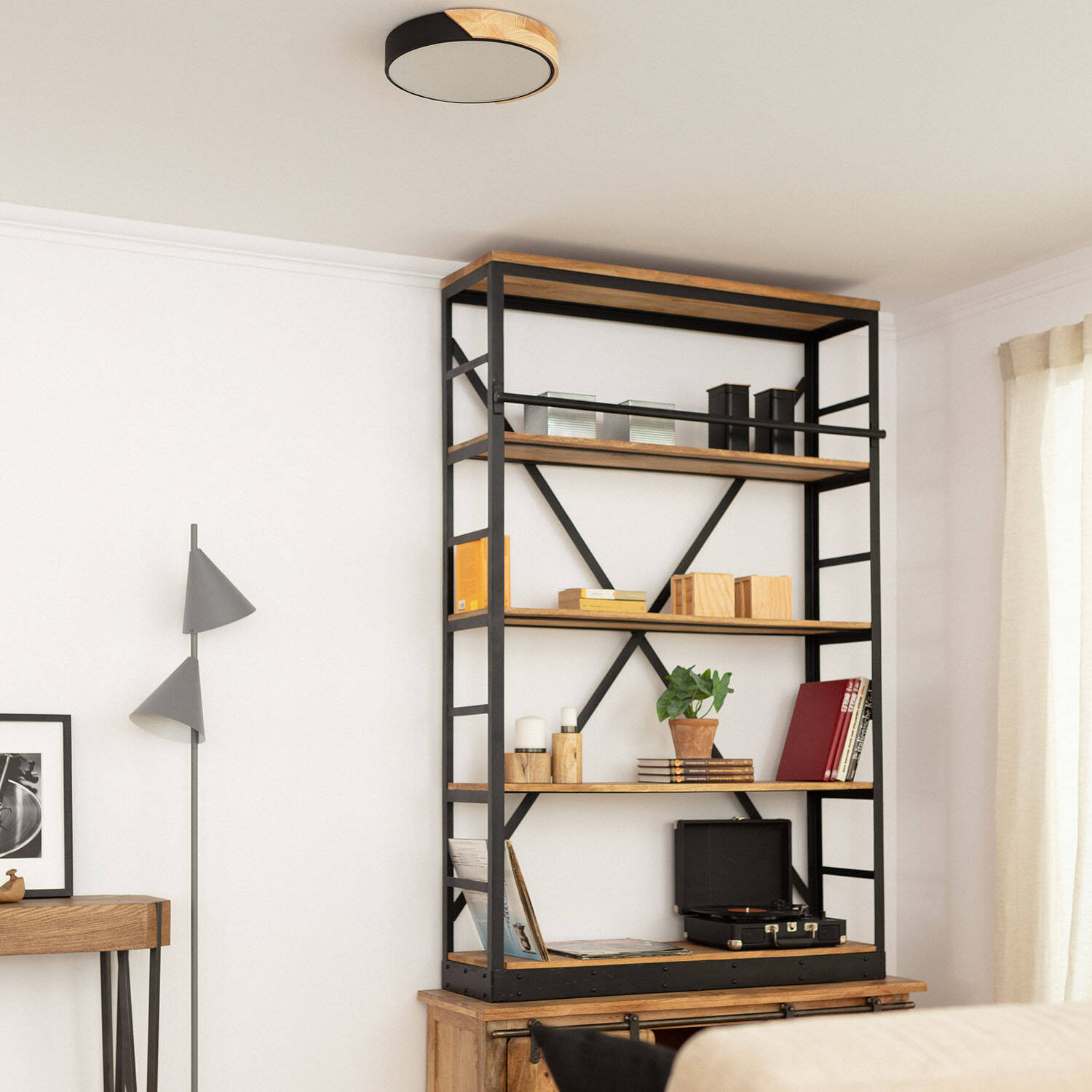 Plafonnier LED Rond Bois CCT Sélectionnable Semi-Dari 18W ILUZZIA Couleur Noire R2187-W38