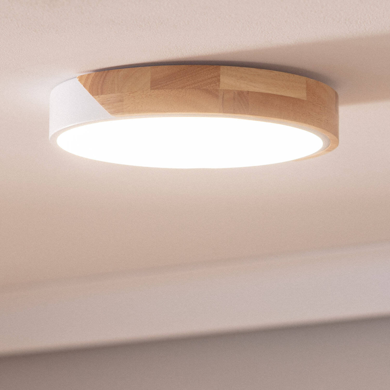 Plafonnier LED Rond Bois CCT Sélectionnable Semi-Dari 18W ILUZZIA Couleur Blanche R2187-W38