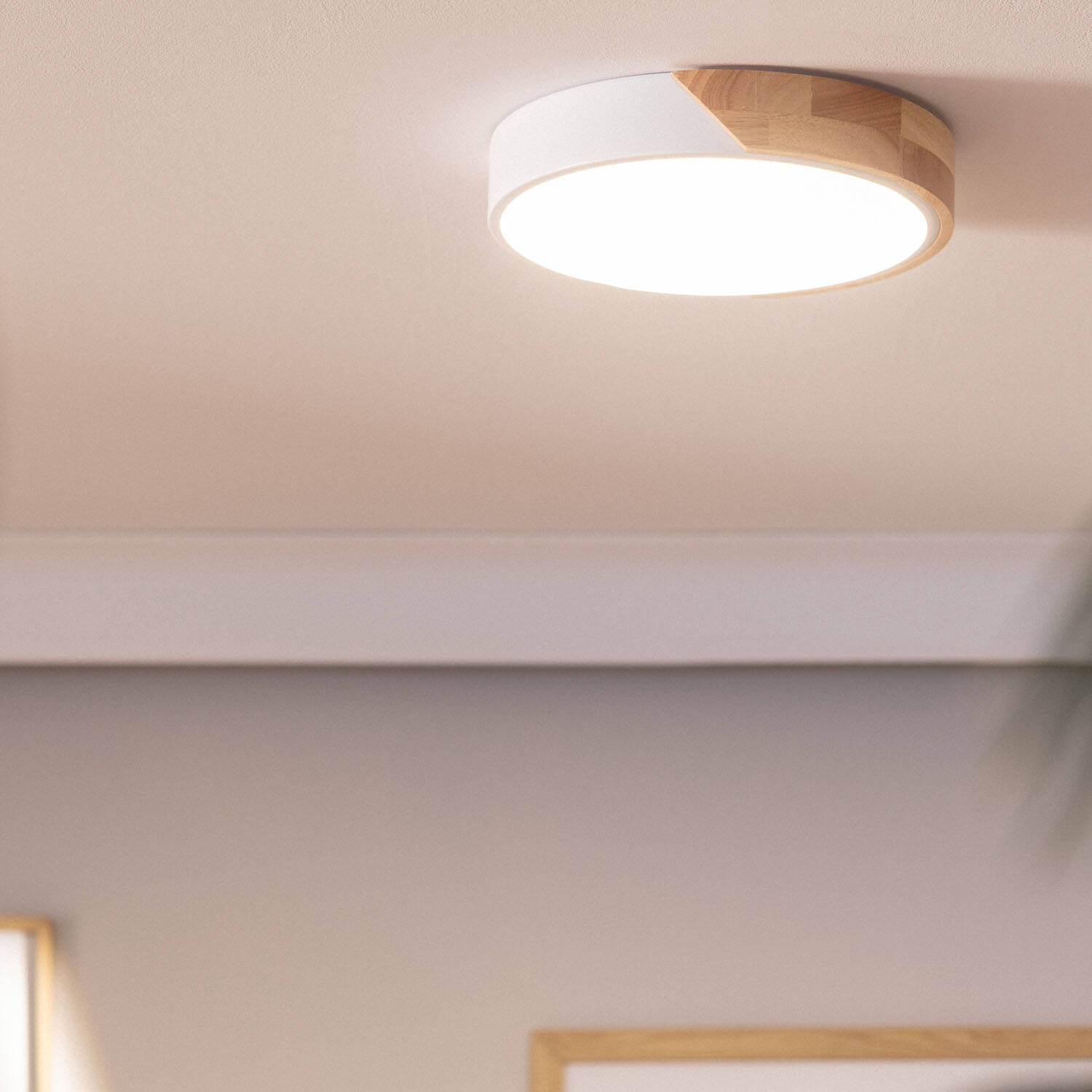 Plafonnier LED Rond Bois CCT Sélectionnable Semi-Dari 18W ILUZZIA Couleur Blanche R2187-W38