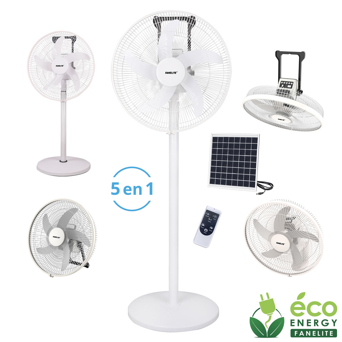 FANELITE VENTILATEUR RECHEARGEABLE SOLAIRE DC 5 EN 1