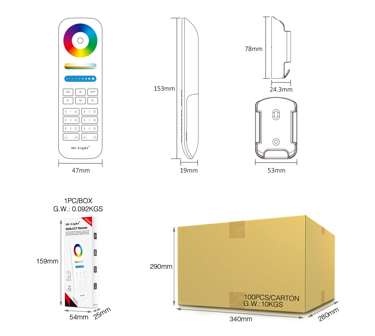 TÉLÉCOMMANDE RADIOFRÉQUENCE RGB/CCT 8 ZONES - MI-LIGHT - MIBOXER