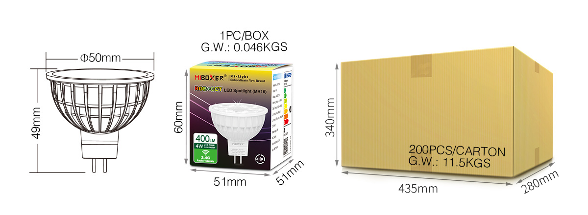 LED GU5.3 RGB/CCT 4W pilotable Mi-Light - Miboxer -