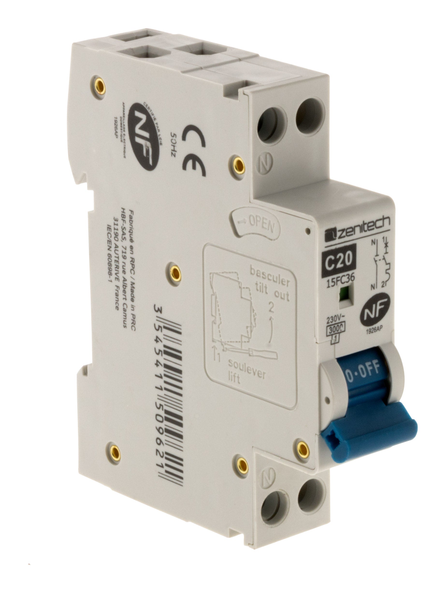 Disjoncteur Phase neutre 3KA 20A ZENITECH