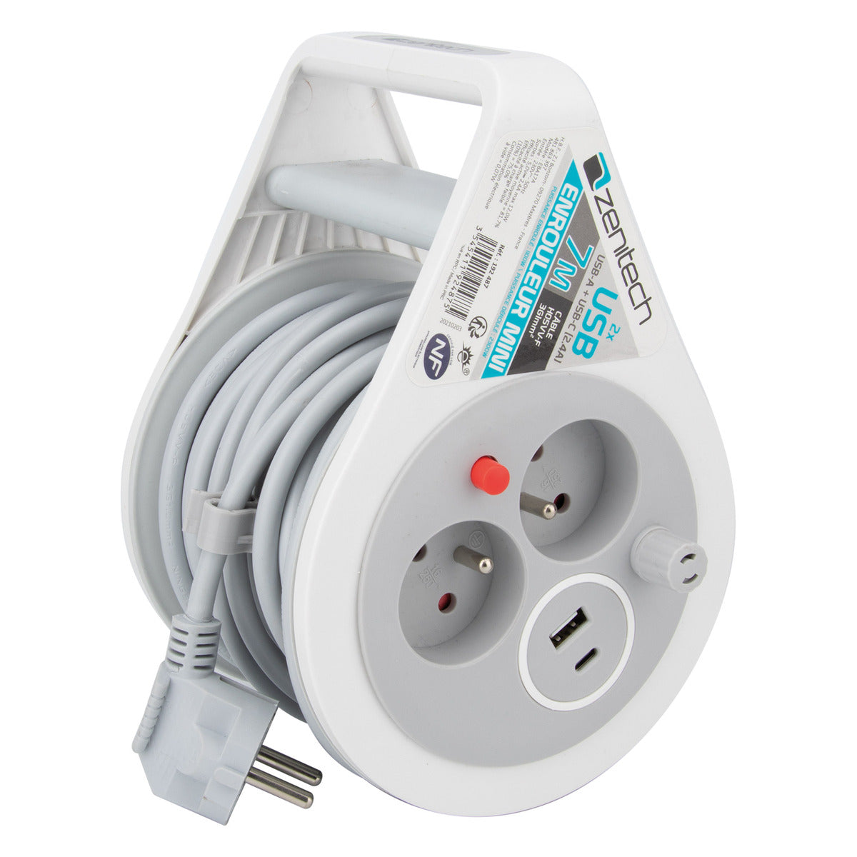 Mini enrouleur 3P + 2 USB A+C 2,4A 7m 3G1 GRIS
