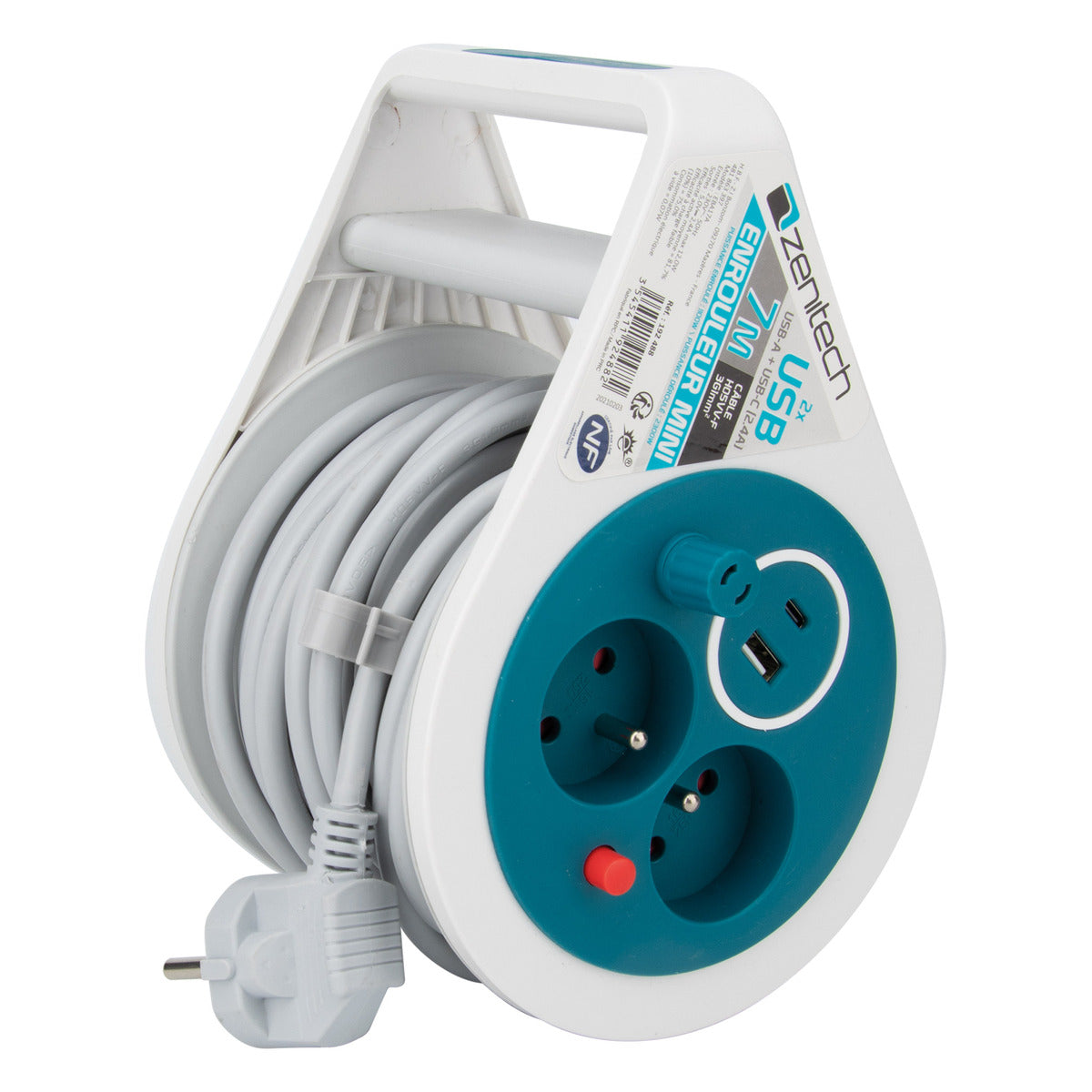 Mini enrouleur 3P + 2 USB A+C 2,4A 7m 3G1 Turquoise
