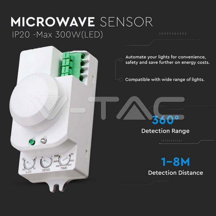VT-8077 MICROWAVE SENSOR WITH MANUAL OVERRIDE FUNCTION-WHITE (MAX:300W LED)