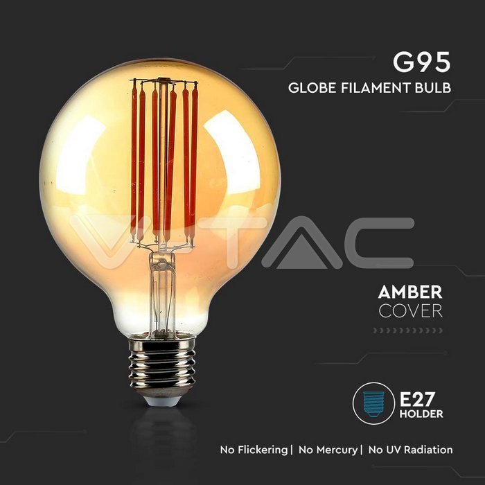 VT-2027 7W G95 LED FILAMENT BULB AMBER GLASS 2200K E27