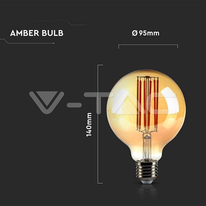 VT-2027 7W G95 LED FILAMENT BULB AMBER GLASS 2200K E27