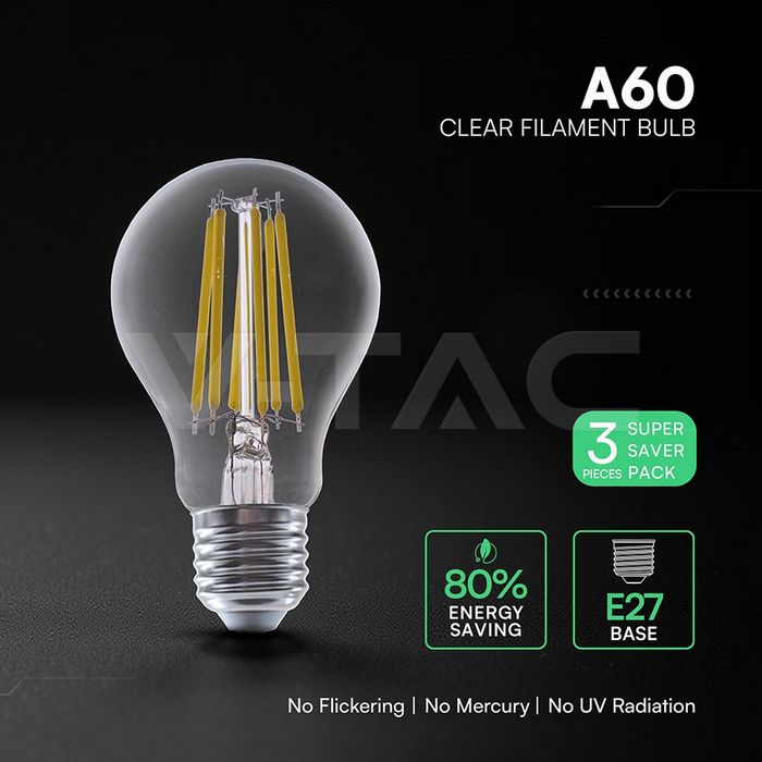 VT-2133 12W A70 LED FILAMENT BULB CLEAR COVER 4000K E27