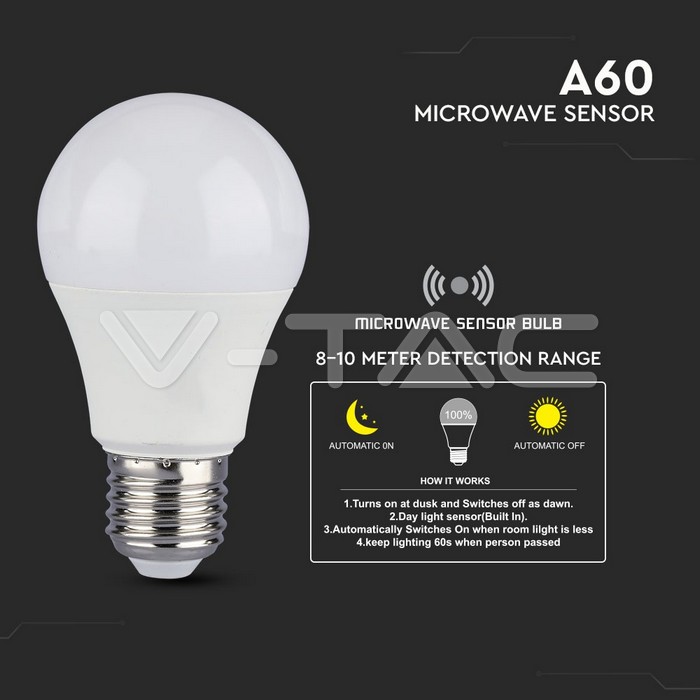 VT-2219 9W A60 LED BULB WITH MICROWAVE SENSOR 6400K E27