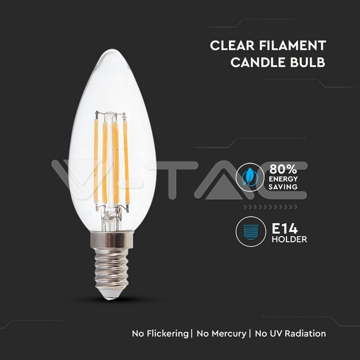 VT-2327 E14 130LM/WATT 6 W FILAMENT CLEAR COVER CANDLE BULB 4000K