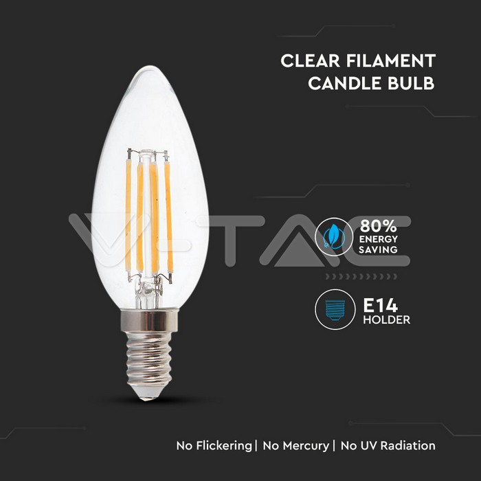 VT-2327 E14 130LM/WATT 6 W FILAMENT CLEAR COVER CANDLE BULB 6400K