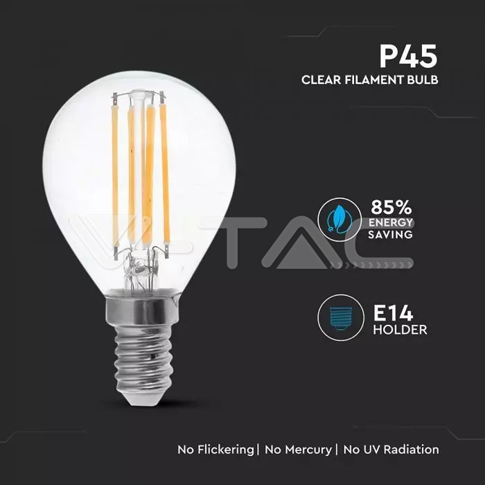 VT-2386 P45 E14 6W 130LUM/W FILAMENT CLEAR COVER 6400K