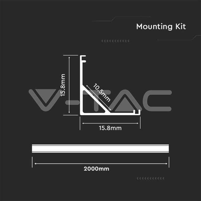 VT-8109 MOUNTING KIT WITH DIFFUSER FOR LED STRIP CORNER 2000X15.8X15.8MM SILVER