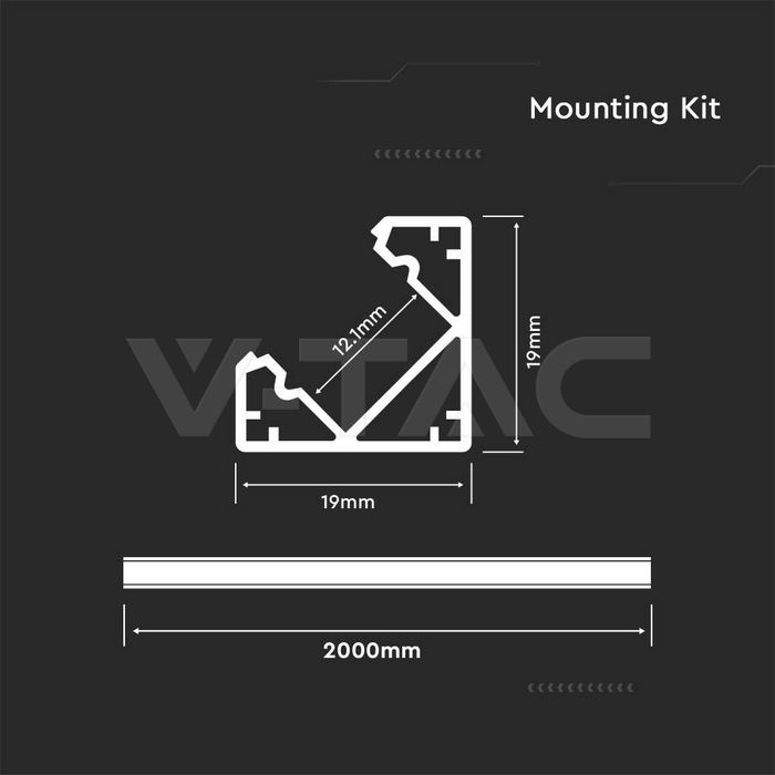 VT-8109-W LED STRIP MOUNTING KIT WITH DIFFUSER 2000*19*19MM WHITE HOUSING