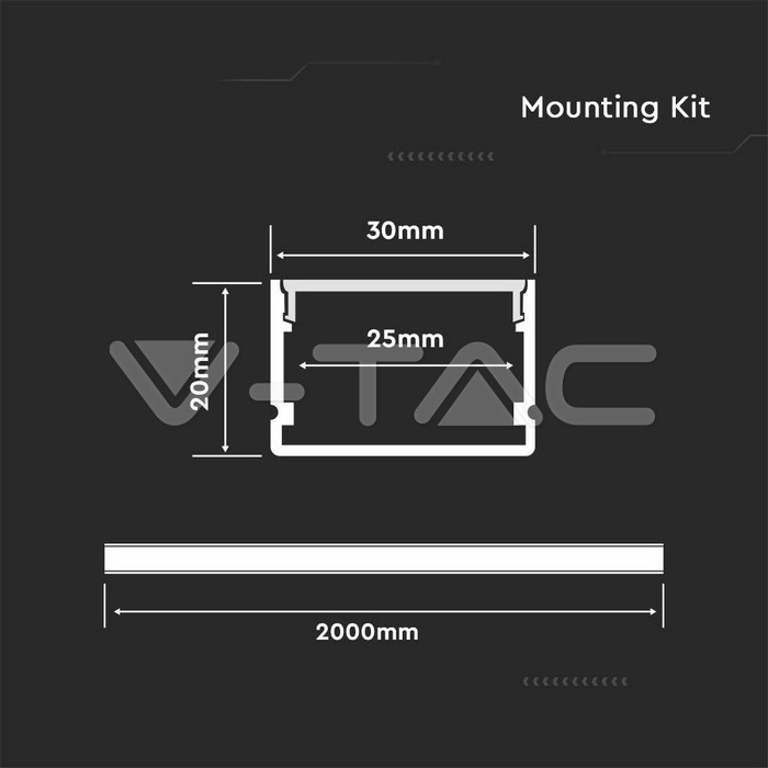 VT-8116 LED STRIP MOUNTING KIT WITH DIFFUSER 2000*30*20MM MILKY