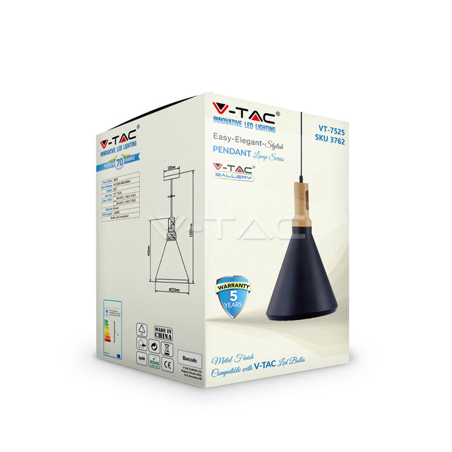 VT-7525 Modern Pendant Light Wooden Top Black Color