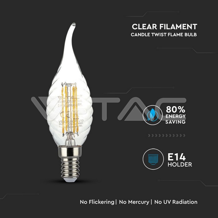 VT-1995 LED Bulb - 4W Filament E14 Twist Candle Tail 6000K