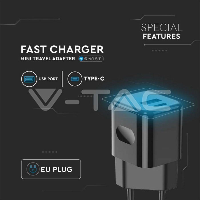 VT-5330 30W CHARGING ADAPTER 1 PD+1 QC PORT BLACK