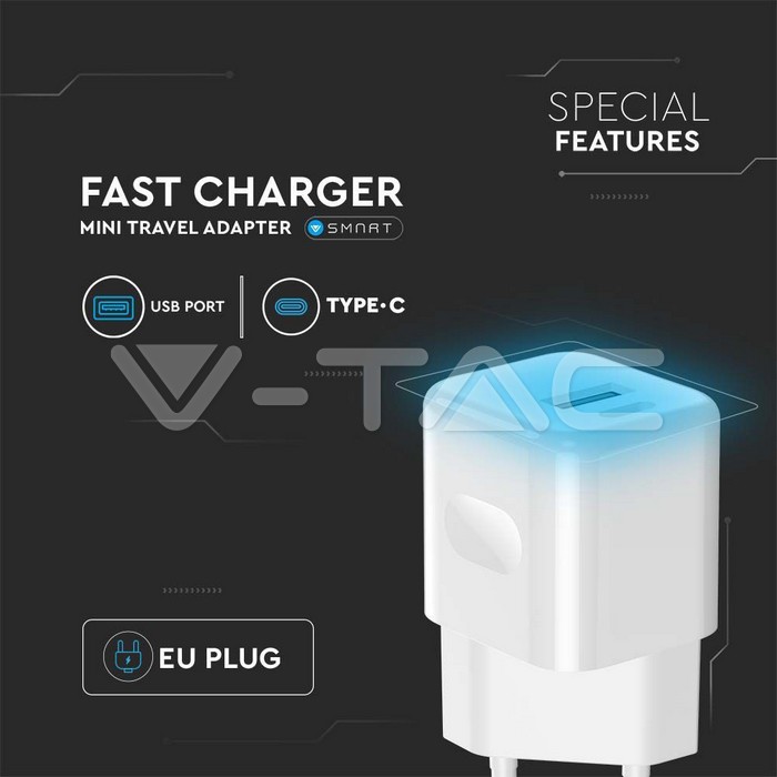 VT-5330 30W CHARGING ADAPTER 1 PD+1 QC PORT WHITE