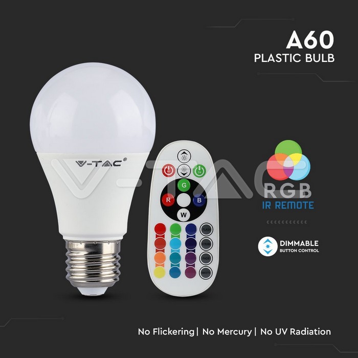 VT-2022 LED Bulb - 6W E27 A60 RGB With Remote Control 6400K