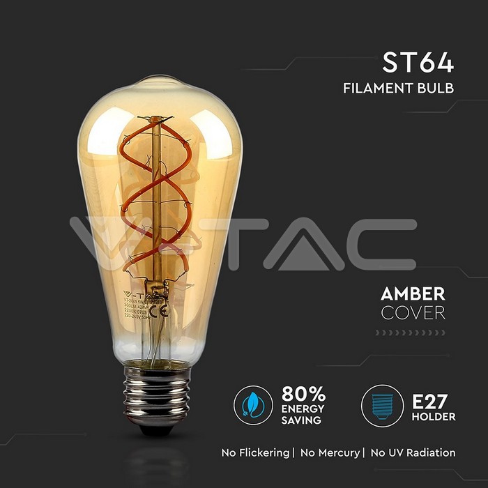 VT-2065 BULB 5W E27 ST64 FILAMENT GOLD GLASS CURVE SHAPE 2200K