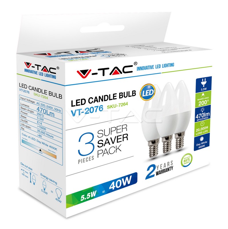 VT-2076 LED Bulb - 5.5W E14 Candle 6400K 3 PCS/PACK