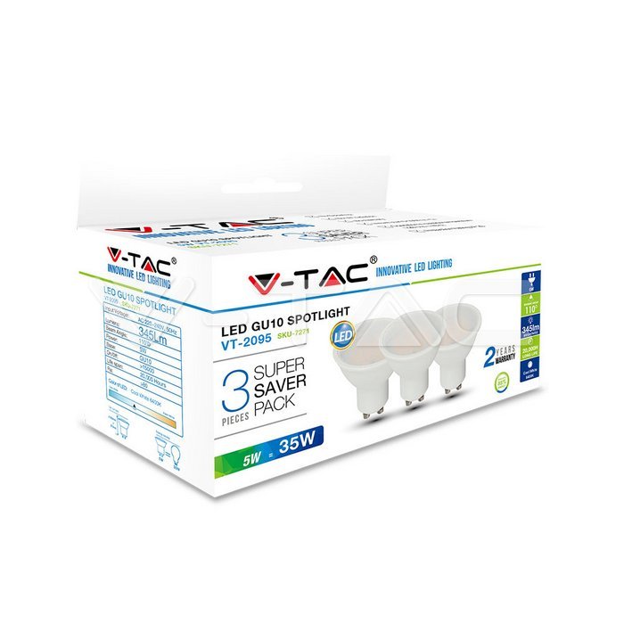 VT-2095 5W GU10 SMD SPOTLIGHT MILKY COYER 6400K 108 7270 LED BULB 3PCS/PACK