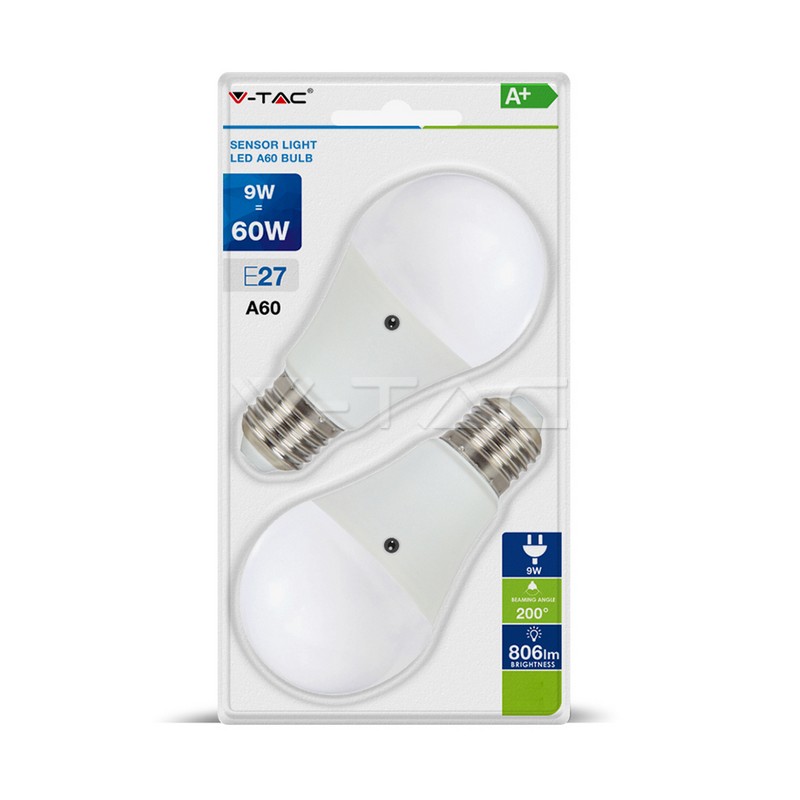 VT-2109 LED Bulb - 9W E27 A60 Thermoplastic Sensor 200D 4000K 2 PCS/Blister