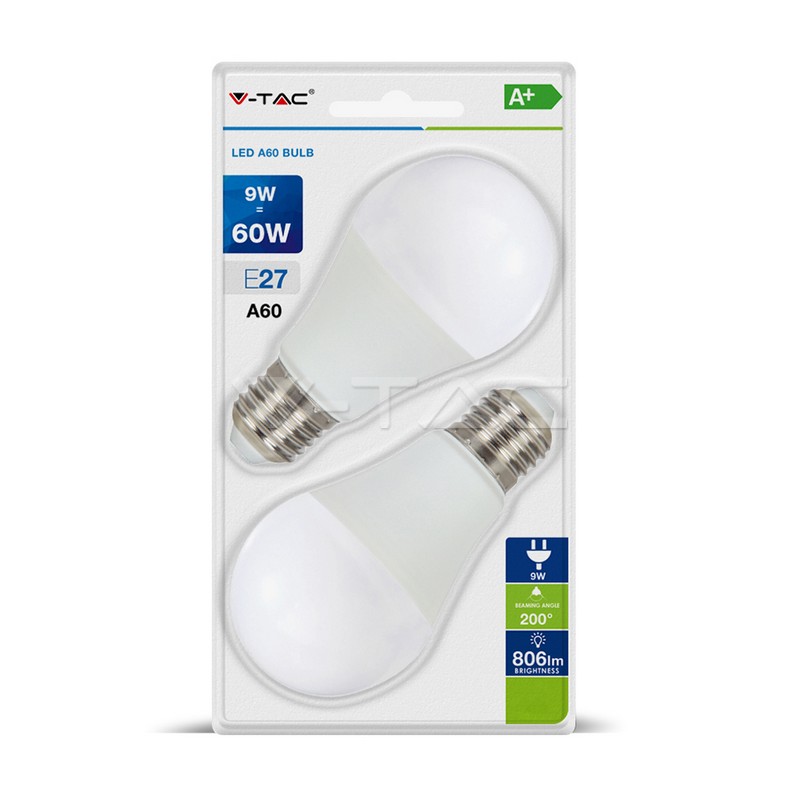 VT-2139 LED Bulb - 9W E27 A60 Thermoplastic 6400K 2PCS/Blister Pack