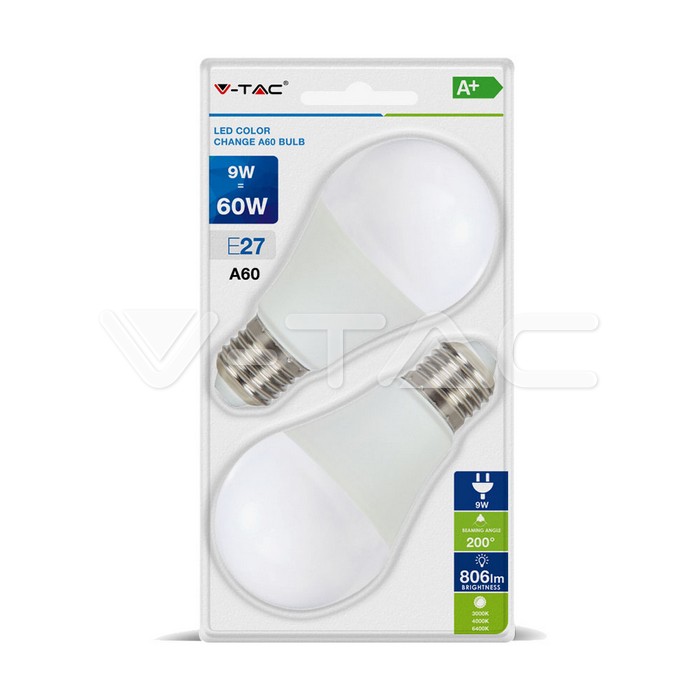 VT-2149 LED Bulb - 9W E27 A60 Thermoplastic Color Change 2700K 2 PCS/Blister