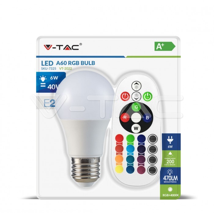 VT-2022 LED Bulb - 6W E27 A60 RGB With Remote Control 6400K Blister Pack