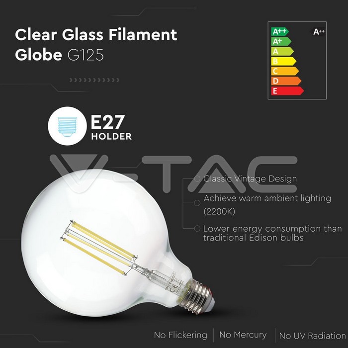 VT-2143 12.5W G125 LED FILAMENT BULB-CLEAR COVER WITH COLOROCDE:3000K E27