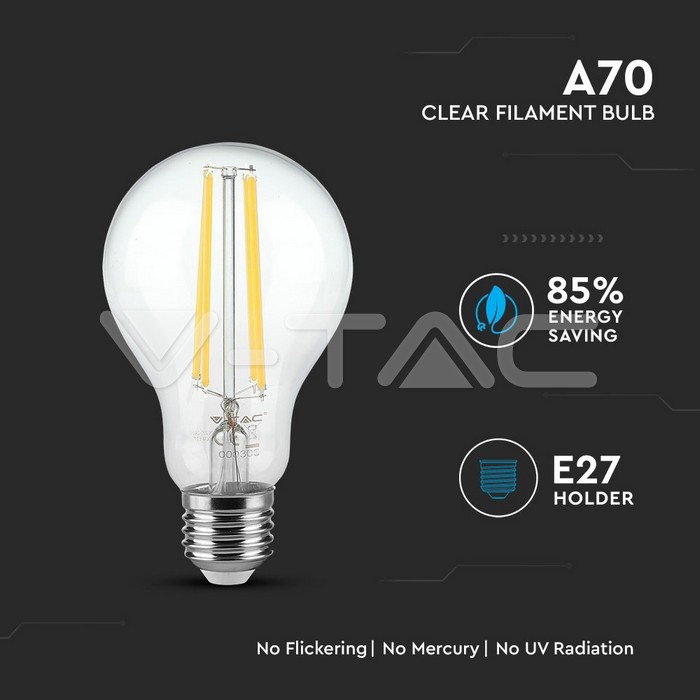 VT-2123 LED Bulb - 12.5W Filament E27 A70 Clear Cover 6500K