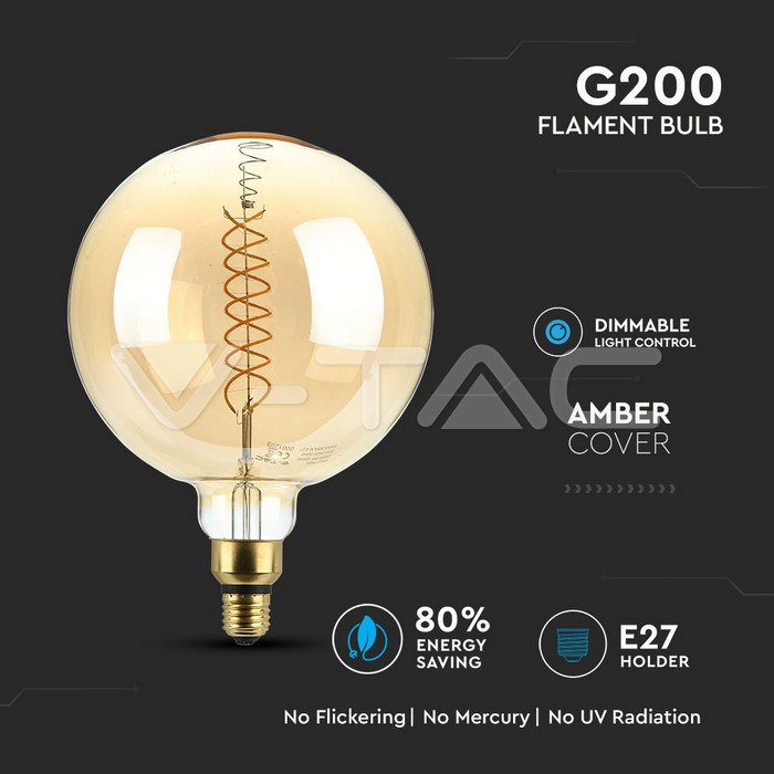 VT-2138D LED Bulb - 8W Filament E27 G200 Dimmable 2000K