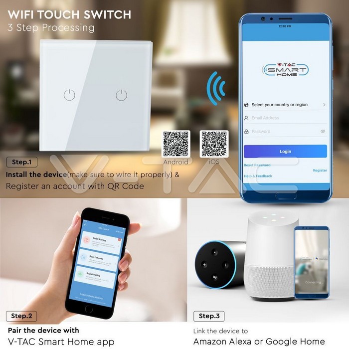VT-5004 WIFI Touch 2 Way Switch Compatible With Amazon Alexa And Google Home White