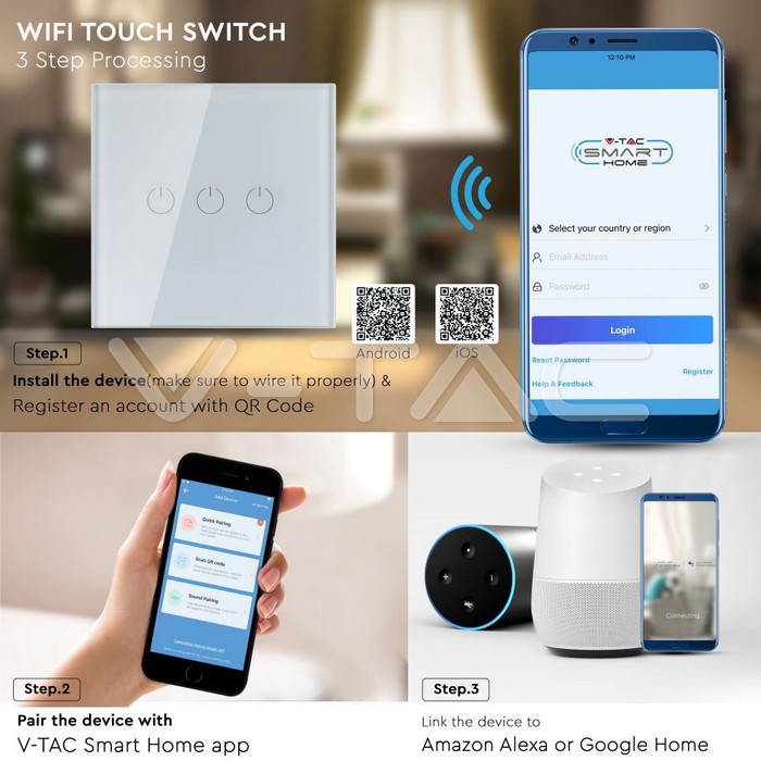 VT-5005 WIFI Touch 3 Way Switch Compatible With Amazon Alexa And Google Home White