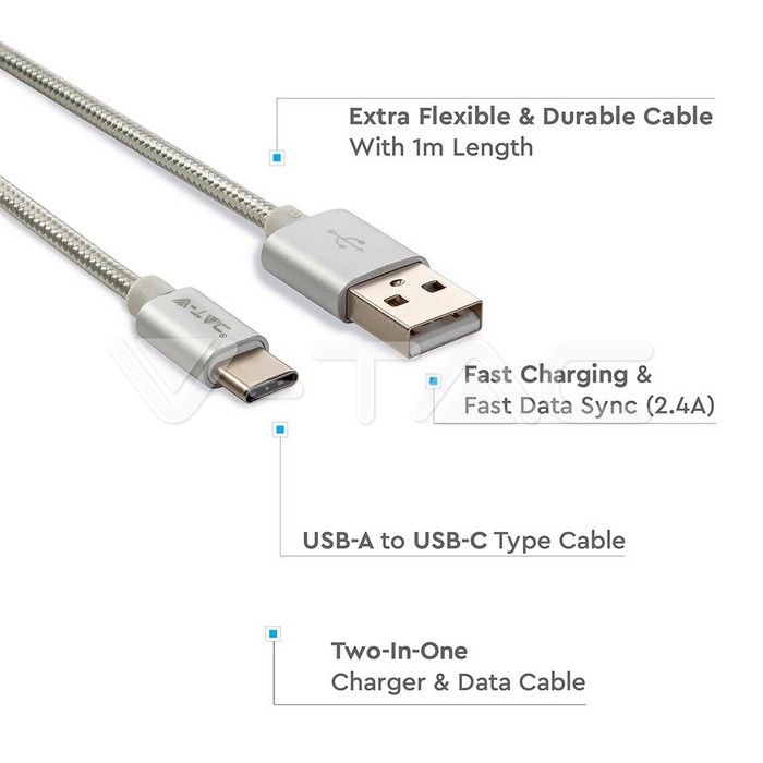 VT-5334 1M TUPE-C USB CABLE SILVER PLATINIUM SERIES