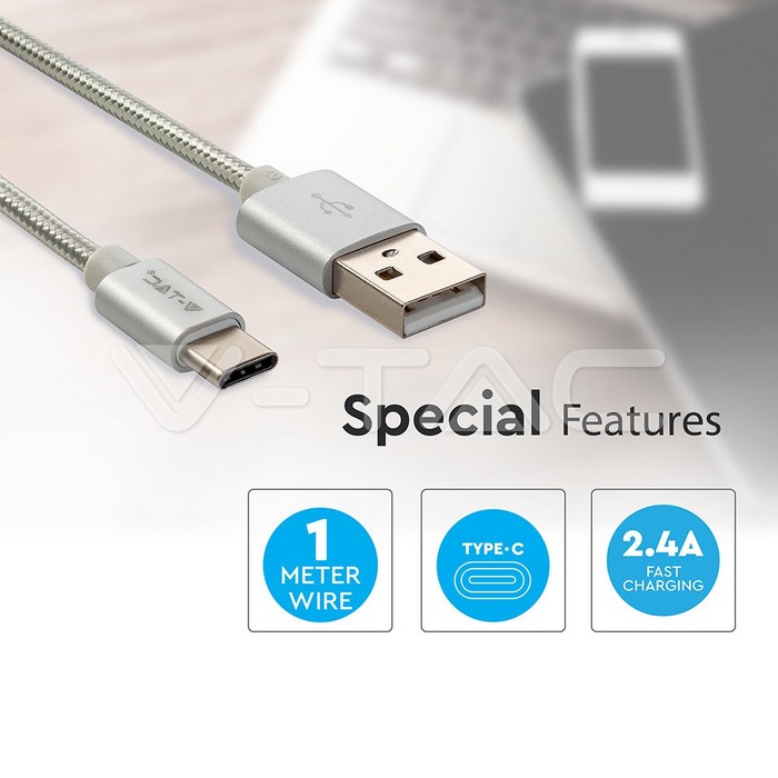 VT-5334 1M TUPE-C USB CABLE SILVER PLATINIUM SERIES